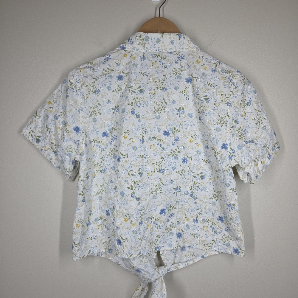 Vintage 90s Casey & Max Blue Yellow White Floral Embroidered Button Up Crop Med - Picture 6 of 8